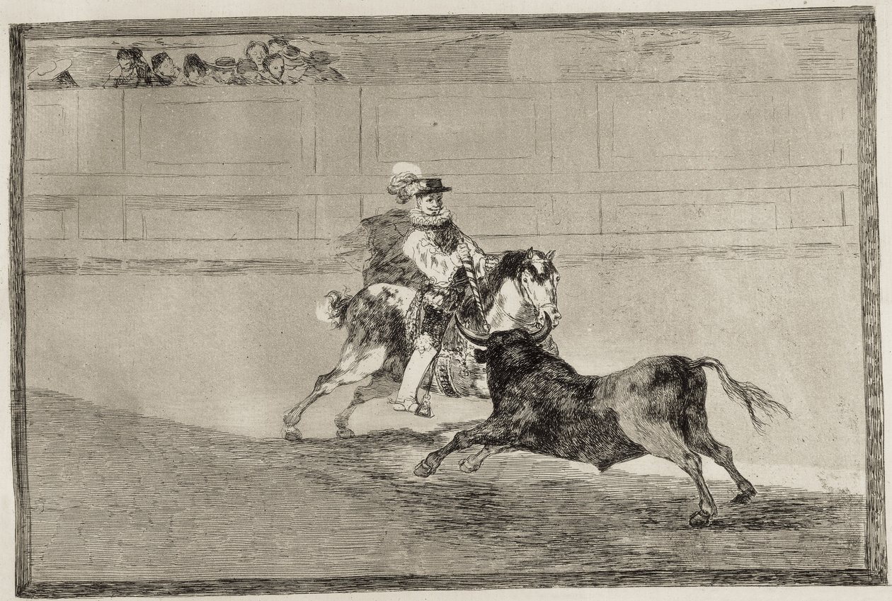 GOYA Y LUCIENTES、Francisco de (1746-1828)。 アシスタントの助けなしに短い槍を壊す土俵上のスペイン騎馬騎士。 1816年。エッチング。 スペイン。 マドリッド (自治コミュニティ)。 マドリード。 国立図書館 作： フランシスコ・ホセ・デ・ゴヤ・イ・ルシエンテス
