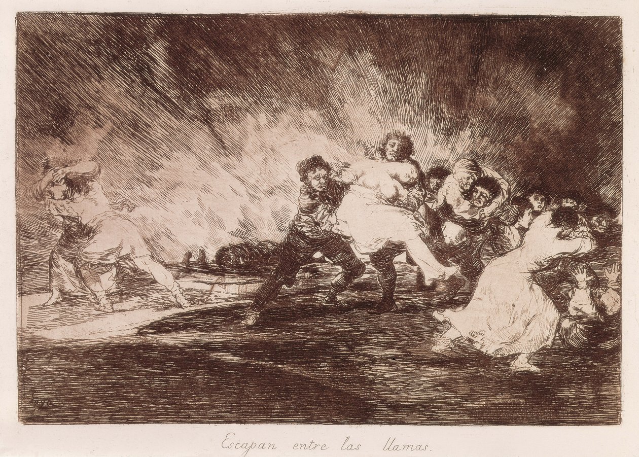 GOYA Y LUCIENTES、Francisco de (1746-1828)。 彼らは炎の中を逃げます。 1810-1812。 (16.1×23.3cm)。 「戦争の惨状」のプレート47。 エッチング。 スペイン。 マドリッド (自治コミュニティ)。 マドリード。 国立図書館 作： フランシスコ・ホセ・デ・ゴヤ・イ・ルシエンテス