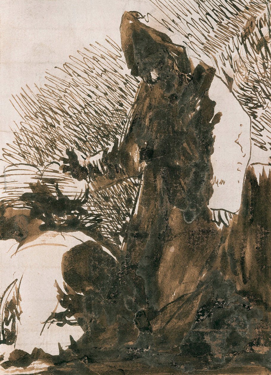 「僧侶の前にひれ伏すキャラクター」. Francisco de Goya y Lucientes (1746-1828) のウォッシュ ドローイング。 1820.マドリード。 プラド美術館。 作： フランシスコ・ホセ・デ・ゴヤ・イ・ルシエンテス
