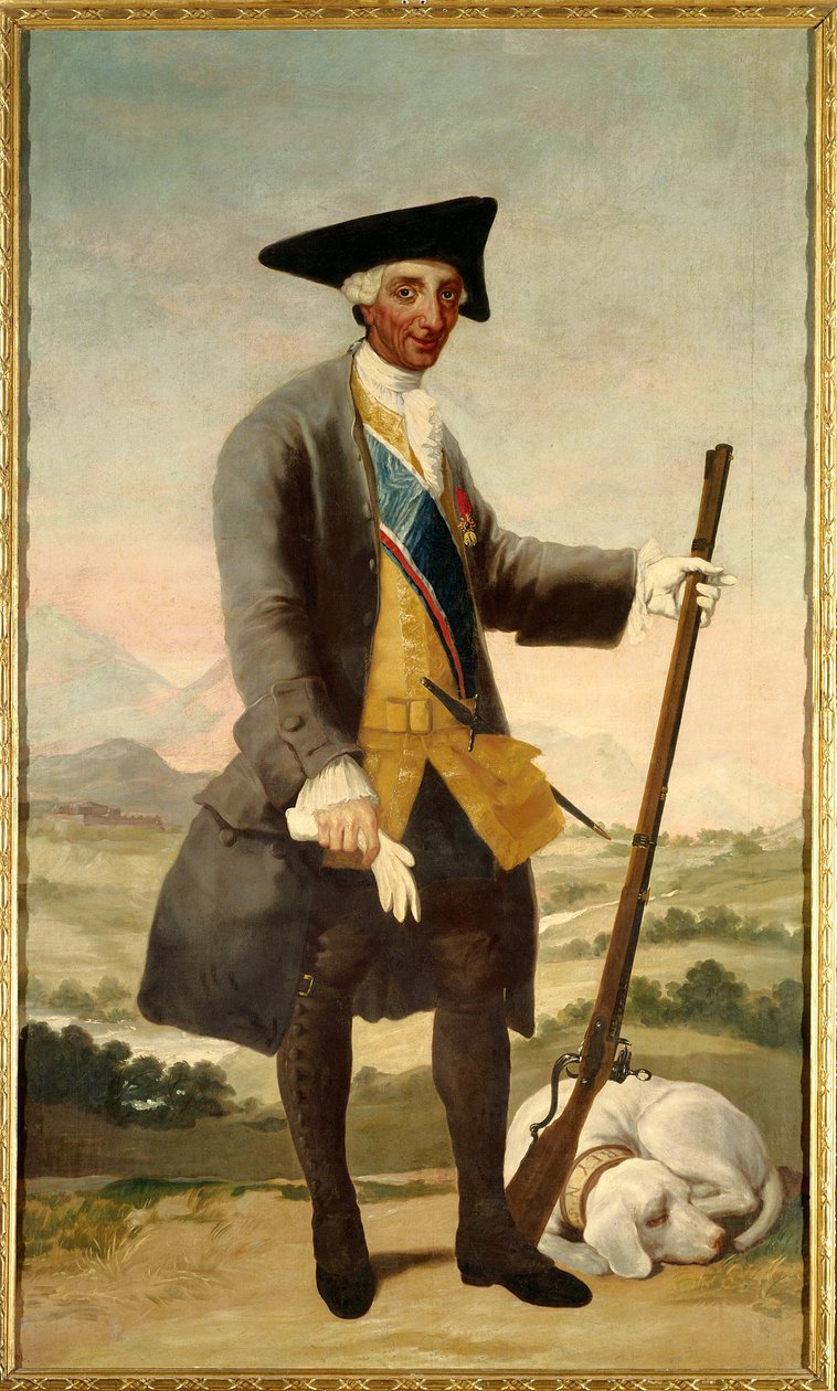 フィリップ5世の息子、狩人となったシャルル3世（1716-1788）の足元の肖像 フランシスコ・デ・ゴヤ（1746-1828）による絵画 油彩・キャンバス 作： フランシスコ・デ・ゴヤ
