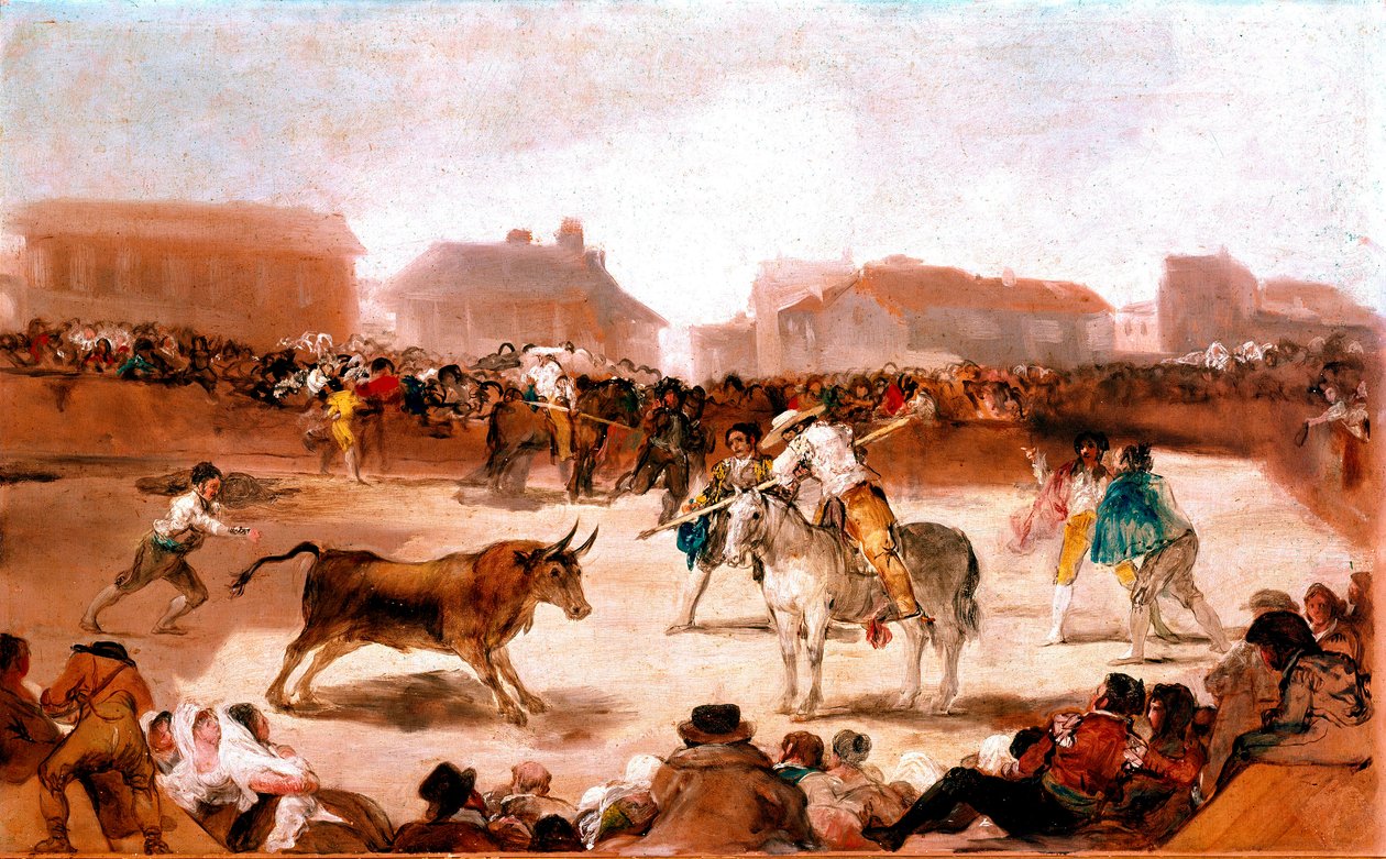サン・フェルナンド・アカデミーの社会的トピックス。"村のコリーダ" フランシスコ・ゴヤ・イ・ルシエンテス（1746-1828）の絵画 1812-1814年 おぼろげに。45x72 cm Madrid, academy of San Fernando 作： フランシスコ・デ・ゴヤ