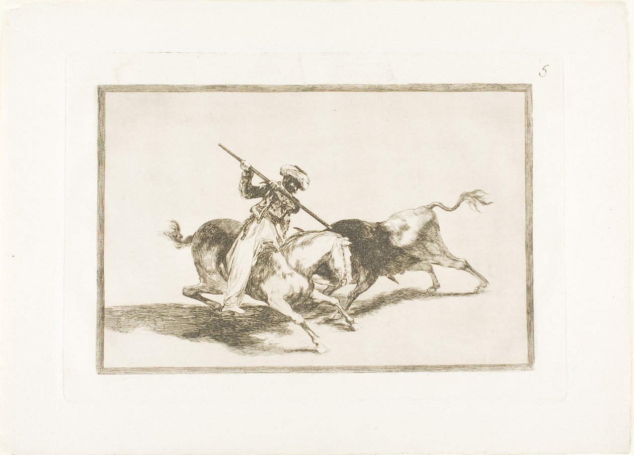 The Spirited Moor Gazul is the first to spear Bulls Using Rules, The Art of Bullfighting のプレート 5 作： フランシスコ・ホセ・デ・ゴヤ・イ・ルシエンテス