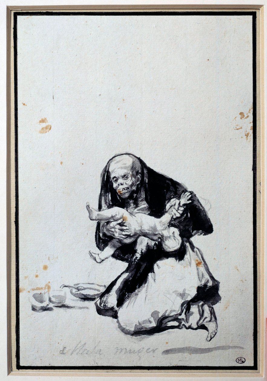 間違った女 擬人化シーン 魔女が子供を産むフランシスコ・ゴヤ・イ・ルシエンテス(1746-1828)作 灰色の水彩画 日0,21x0,14 m パリ、ルーヴル美術館 作： フランシスコ・デ・ゴヤ