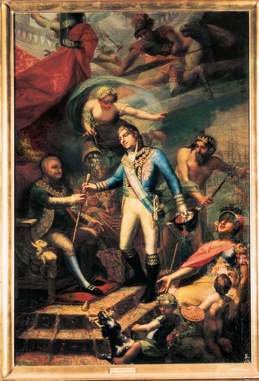 スペインのカルロス 4 世 (1748-1819) がマヌエル ゴドイ (1767-1851) を海軍大将に任命 作： Francisco Llacer y Valdermont