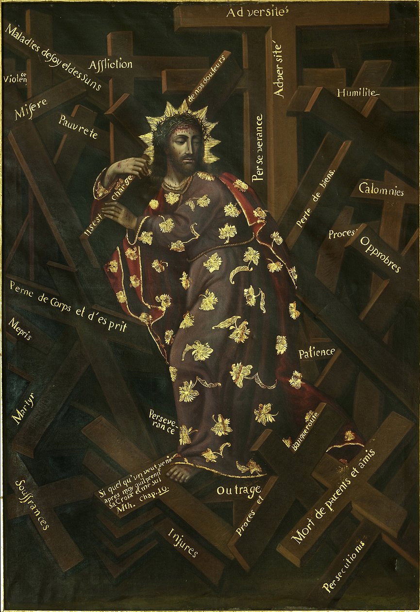 十字架のキリスト。 フランシスコ・モイエン (1720-1761) の絵画、キャンバスに油彩、18 世紀初頭。 フランス美術、バロック美術。 サンタ テレサ修道院博物館、ポトシ、ボリビア。 作： フランシスコ・モイエン