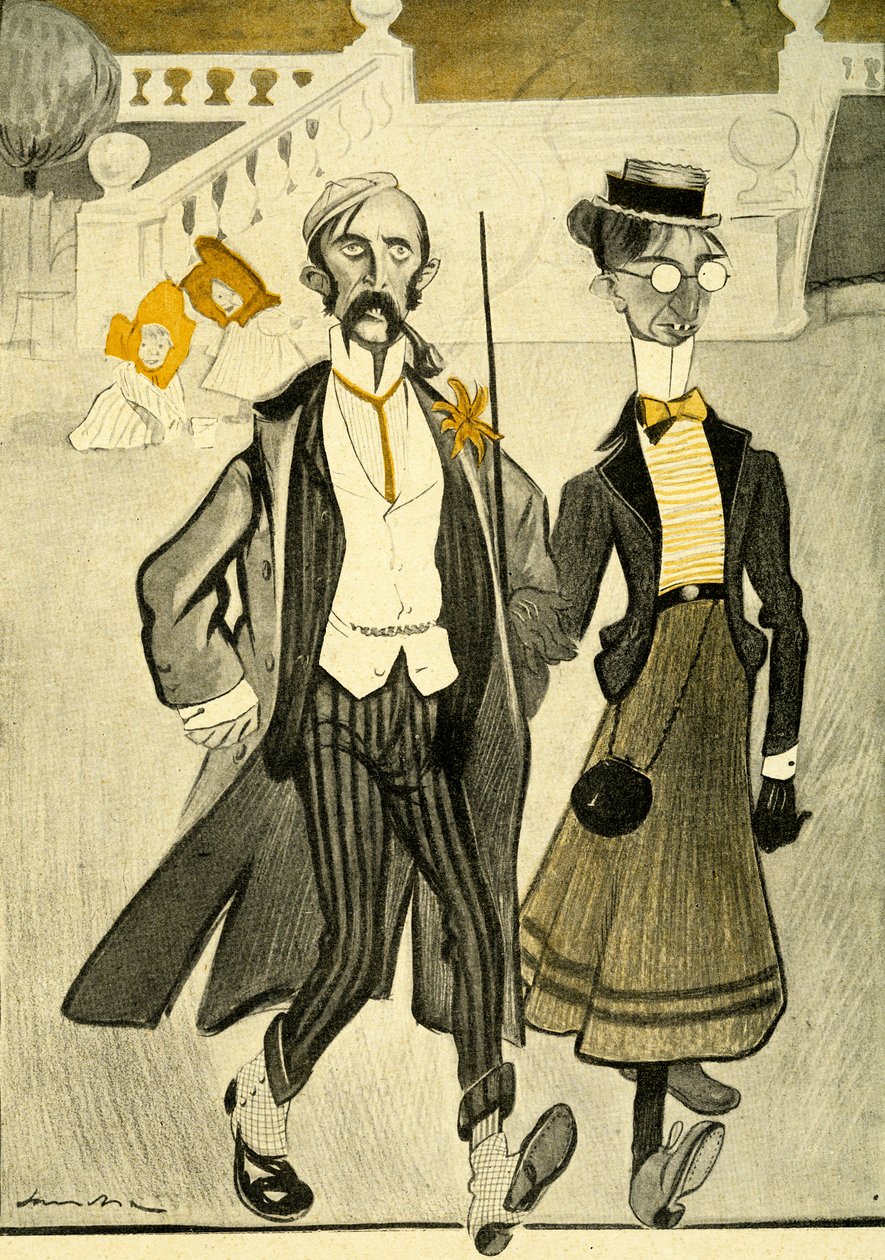 1903年の奇妙なファッションセンスで嘲笑されているフランスのイギリス人夫婦 作： フランシスコ・サンチャ・イ・レンゴ