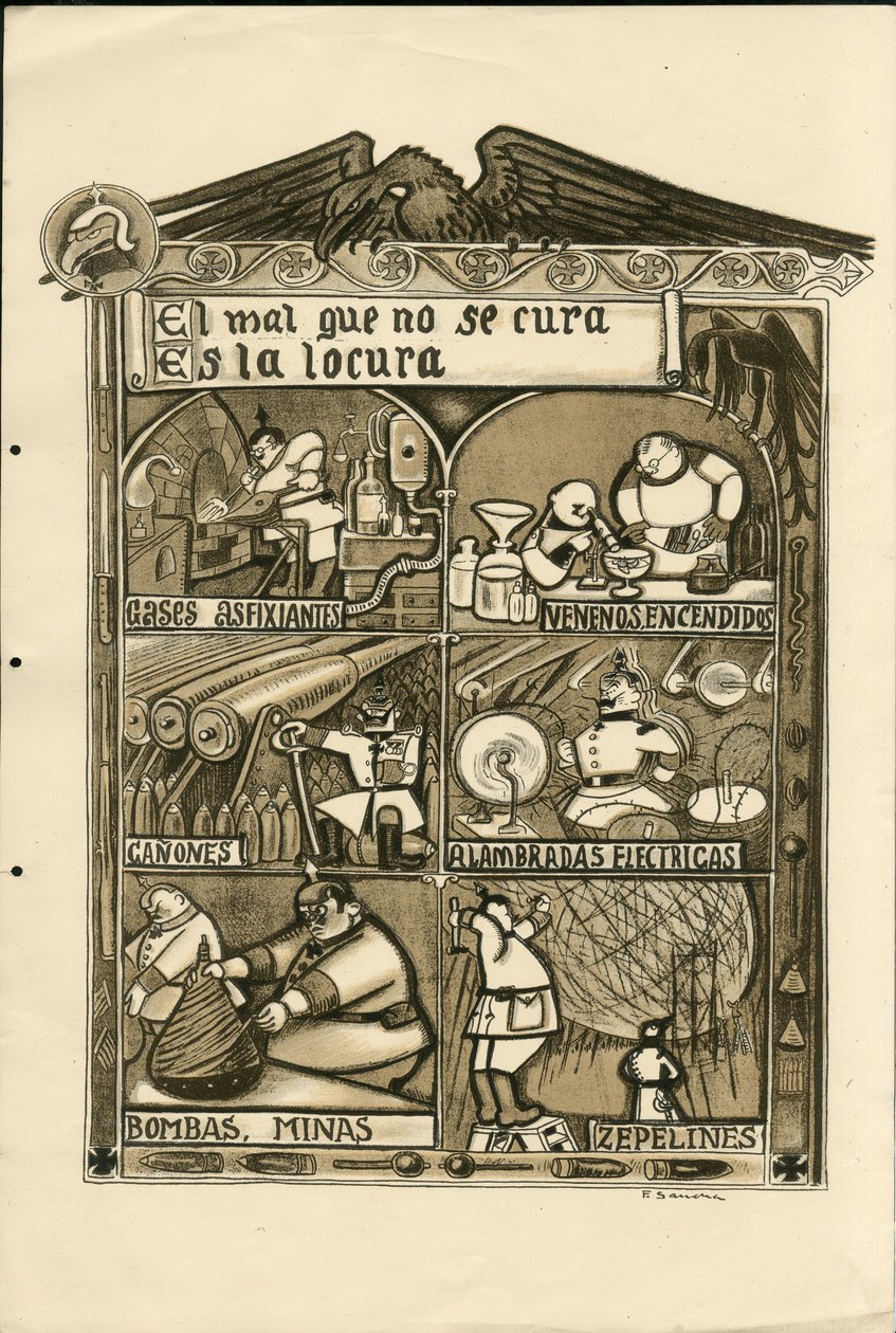 フランシスコ・サンチャ・レンゴ（1874-1936）のイラスト - 1915年頃の飛葉 - El mal que no se cura es la locura - 14～18年戦争, ドイツ・プロイセン, 吸引性ガス, スペイン語, 外国の報道機関 作： フランシスコ・サンチャ・イ・レンゴ