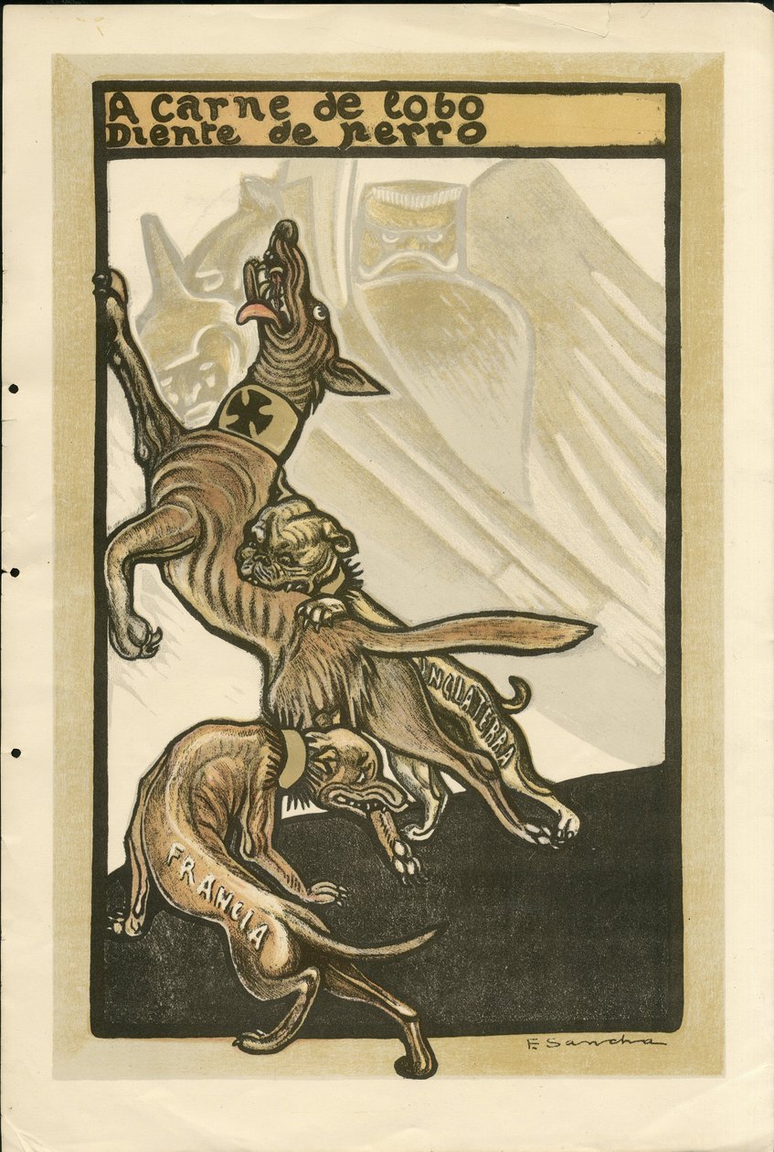 フランシスコ・サンチャ・レンゴ(1874-1936)のイラスト - 1915年頃のフライング・リーフ - A carne de lobo diente de perro - 14 -18年戦争, ドイツ プロイセン, イギリス グレートブリテン, 交戦国とシンボル, フランス, スペイン語, 海外報道 - ウィリアム2世, 犬, 隠す 作： フランシスコ・サンチャ・イ・レンゴ