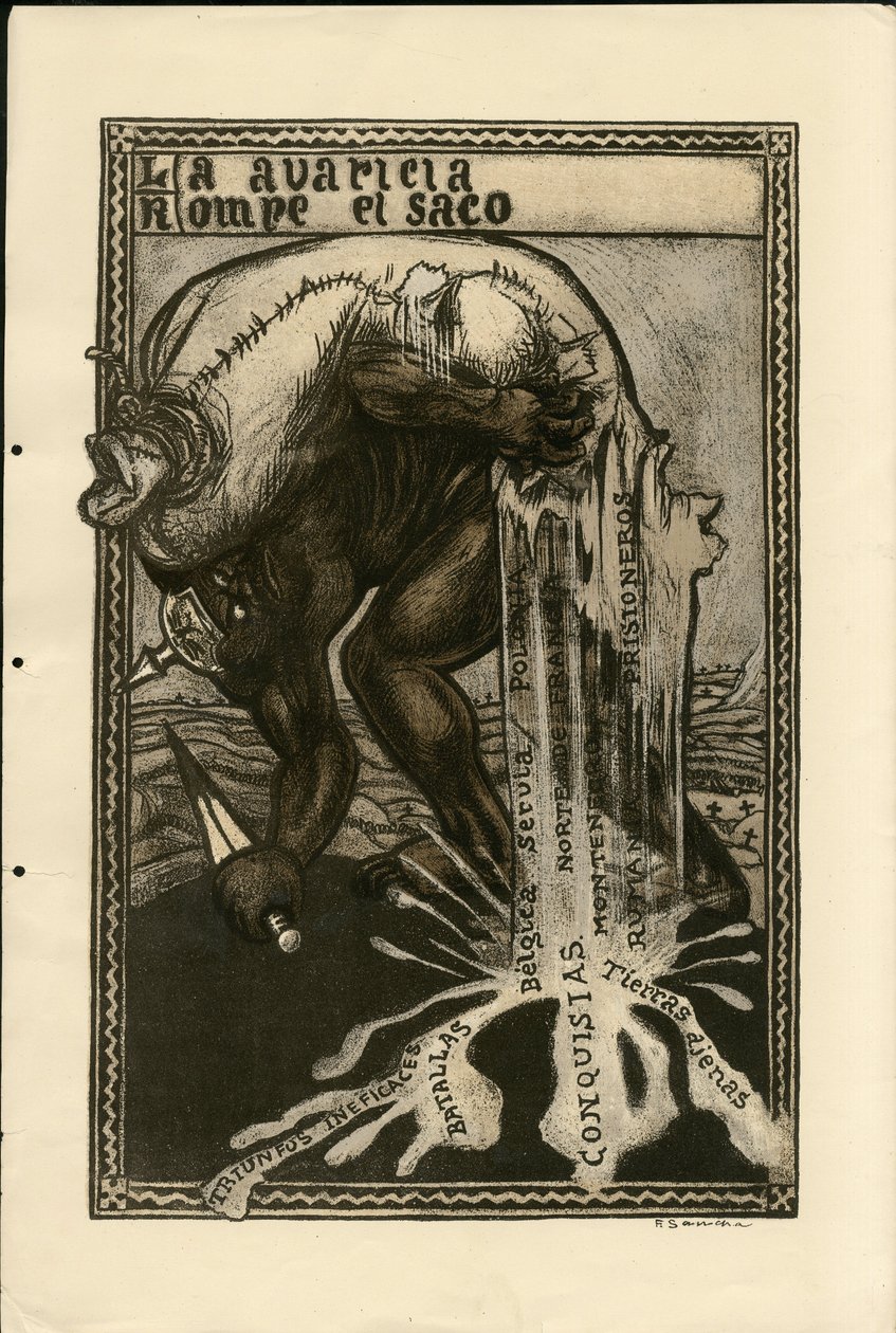 フランシスコ・サンチャ・レンゴ（1874-1936）のイラスト - 1915年頃の飛葉 - 14～18年戦争, ドイツ・プロイセン, 銀, 交戦国とシンボル, スペイン語, 海外報道機関 作： フランシスコ・サンチャ・イ・レンゴ