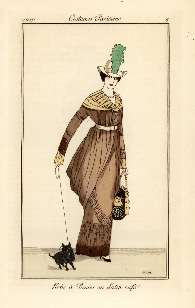 コーヒー色のサテンのパニエドレスを着た女性とペットの犬、トンマソ・アントンジーニの『Journal des Dames et des Modes』からのエッチング、Aux Bureaux du Journal des Dames、パリ 作： フランチェスク・ザビエル・ゴセ