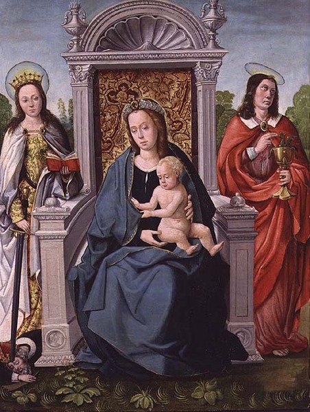 聖カタリナと福音書記者ヨハネのいる聖母子像 1530-40年頃（パネル） 作： Francisco de（attr。To）Comontes