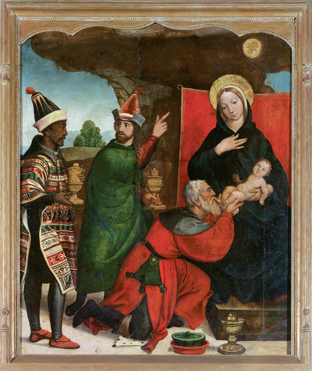 マギの礼拝 - コモンテス、フランシスコ・デ (1524-1565 活動) - 1535-1540 - 木材に油彩 - 129x103 - Museo de Bellas Artes、サラマンカ 作： フランシスコデコモンテ