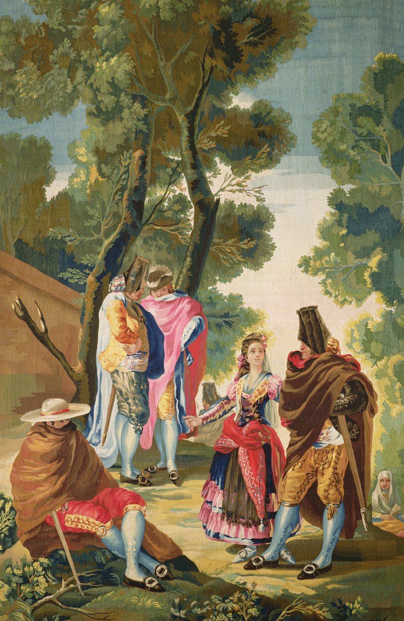 マハと仮面の男、c.1777（タペストリー） 作： フランシスコ・デ・ゴヤ