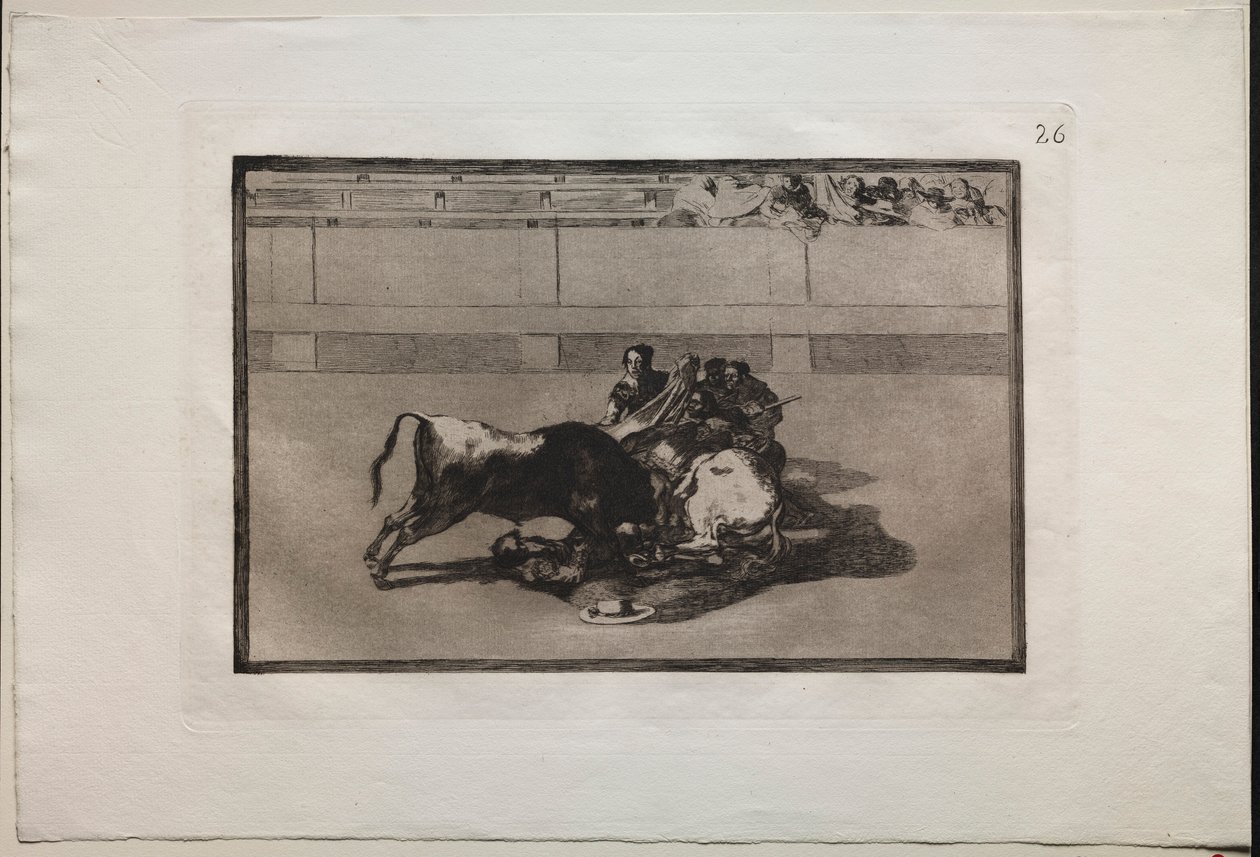 闘牛：ピカドールは馬に乗らず、雄牛の下に落ちる、1876。 作： フランシスコ・デ・ゴヤ