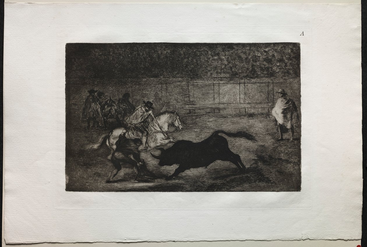 闘牛：アシスタントの助けを借りて短槍を破壊するスペイン騎馬騎士、1876年。 作： フランシスコ・デ・ゴヤ