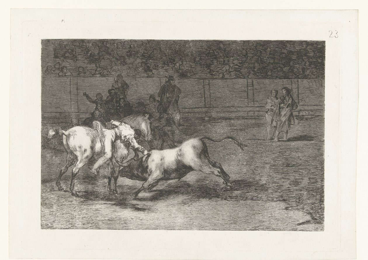 Mariano Ceballos doodt een stier マドリアーノ・セバロス、別名エル・インディオが馬から雄牛を殺す 闘牛（シリーズタイトル） Stierenvechten (シリーズタイトル) 作： フランシスコ・デ・ゴヤ