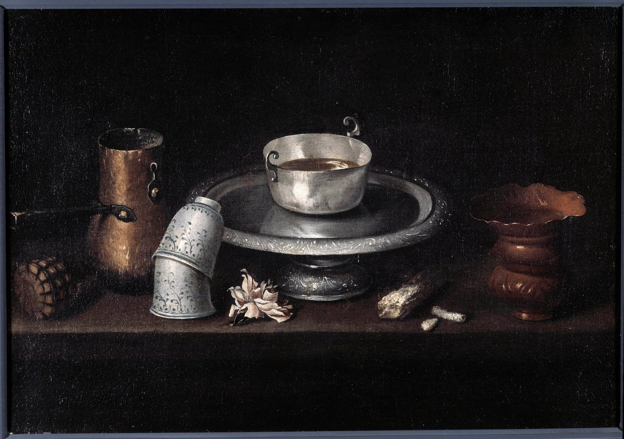 チョコレートのカップ、カップの朝食の静物画です。フランシスコ・デ・ズルバラン(1598-1664)の絵画。17世紀 ブザンソン、美術館 作： フランシスコ・デ・スルバラン