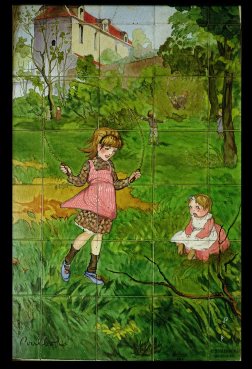 庭で遊ぶ子供たちを描いたタイル（陶磁器釉） 作： フランシスク・プールボット