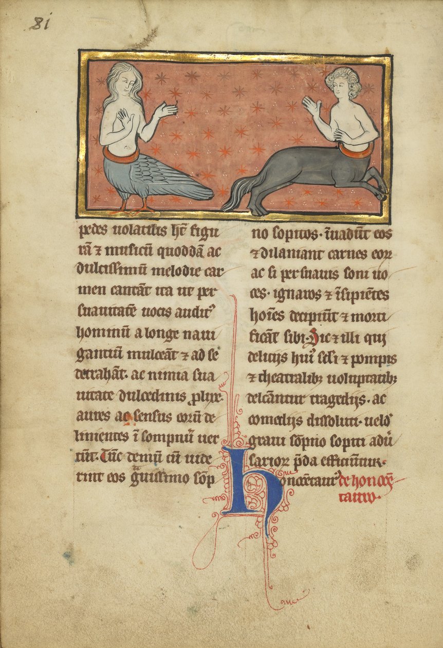 動物寓話のMsLudwig XV 4のサイレンとケンタウロス、fol。 81v、c.1280-1300（テンペラ、ペンとインク、金箔と羊皮紙の絵の具） 作： フランコフラマン語学校