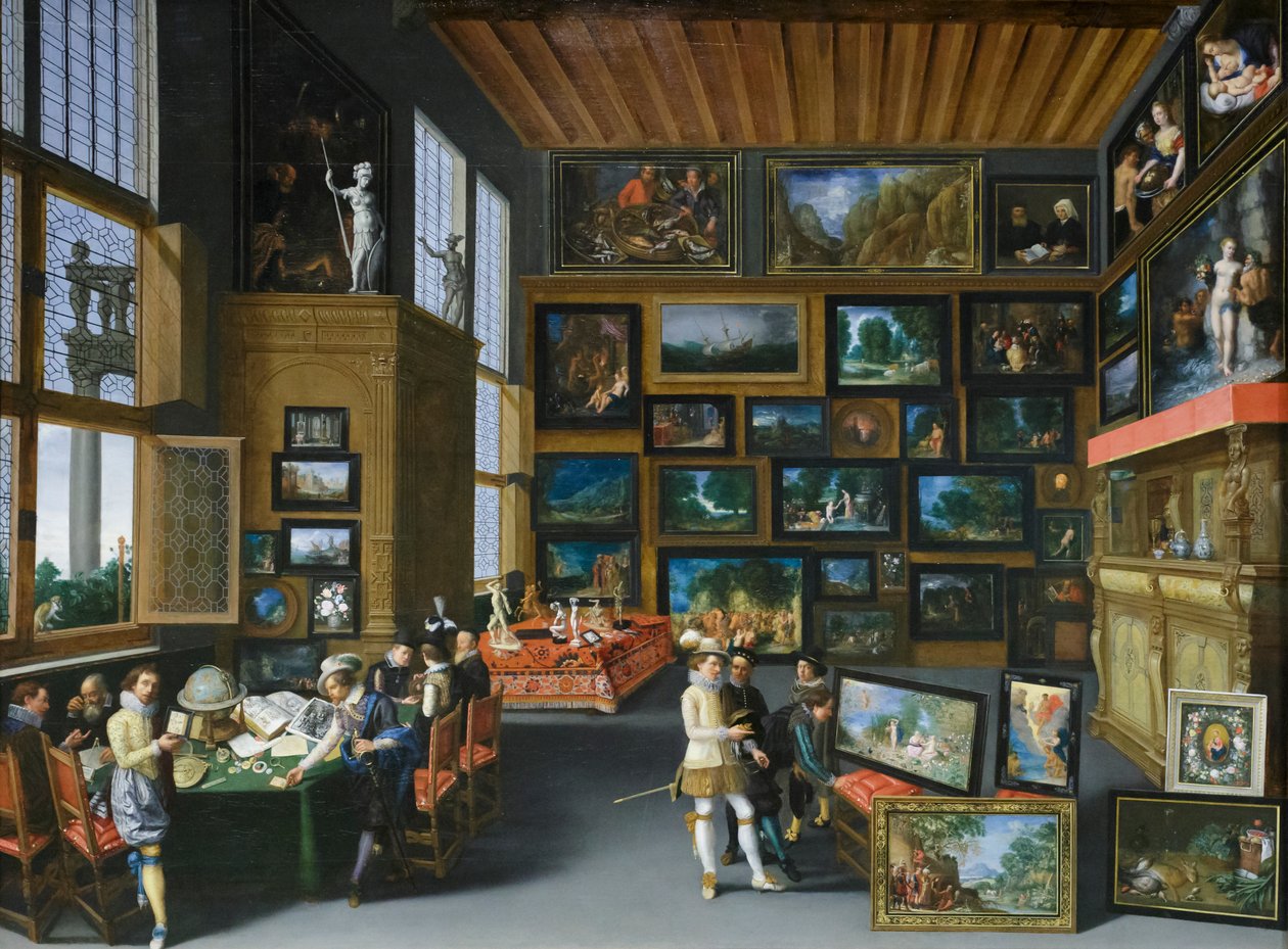 絵の掛かった部屋にいるコグノセンティたち 1620年頃 オーク材に油彩