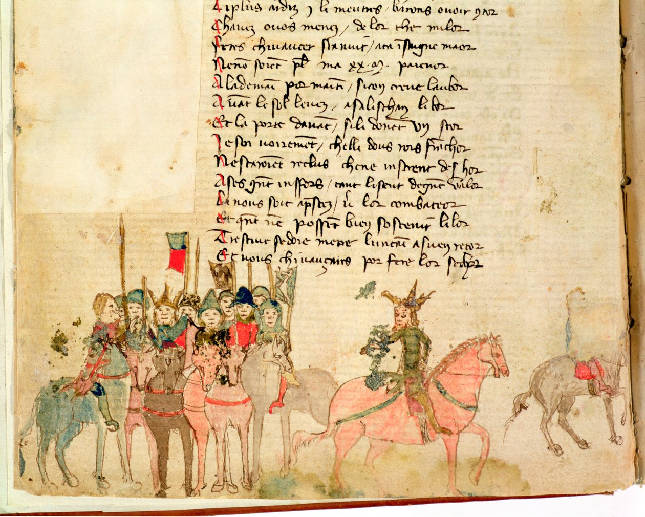 Ms Est 27 W 8.17 f.1v Attila the Hun（c.406-453）and彼の軍の馬に乗って、ニコラ・ダ・カソラ作の戦争のアッティラから 作： フランコイタリア語学校