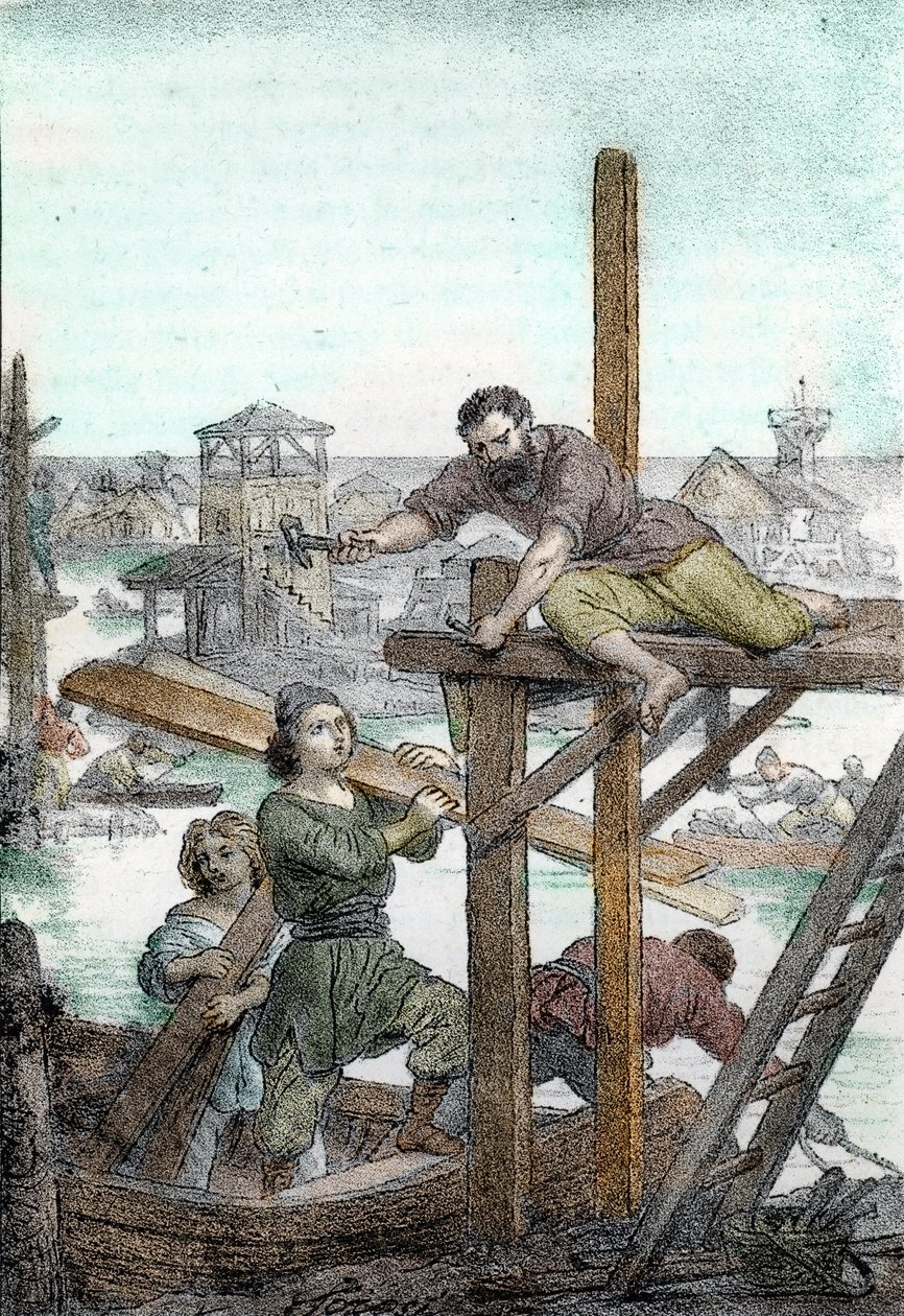 Attilan hunien metsästämät pakolaiset asentavat Venetsian kaupungin perustukset 5. vuosisadalle (Attilan barbaarien metsästämien pakolaisten Venetsian perustaminen, 5. vuosisata) Piirros Franco Mistralin "I misteri del vaticanosta" 1846 作： フランコ・ミストラーリ