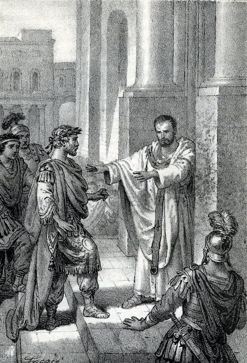 The archbishop Saint Ambrose of Milan (Aurelius Ambrosius, Ambrogio di Milano (340-397) prohibited the entrance of the church to roman emperor Theodosius I (Flavius Theodosius) (347-395) to punish him for the massacre of Thessalonica in 390 - Excommunicati 作： フランコ・ミストラーリ