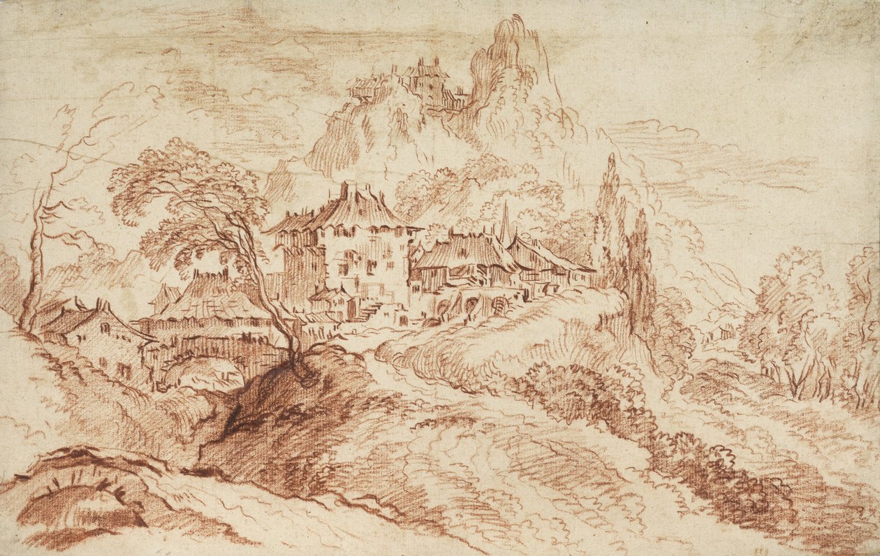 山岳風景にあるイタリアの村（紙に赤いチョーク） 作： フランソワ・ブーシェ