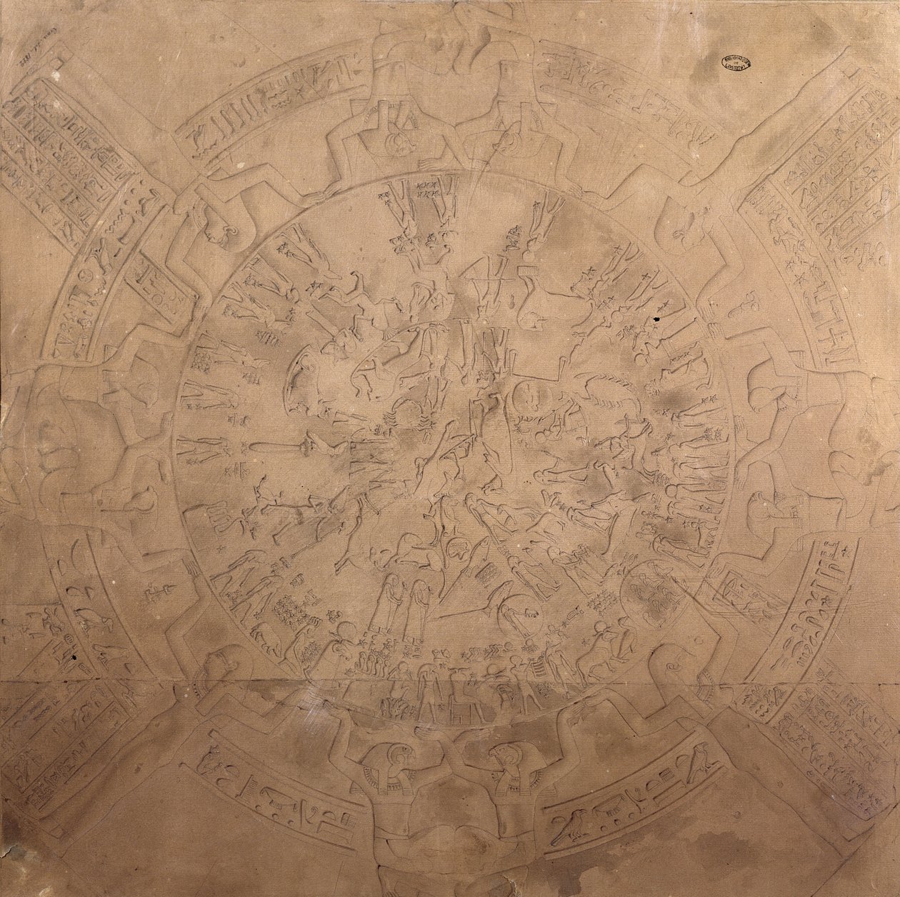 1822年、エジプトのデンデラにあるハトホル神殿の礼拝堂の天井から見た、デンデラの黄道帯の星座星座。 作： フランソワ・クレティエン・ガウ