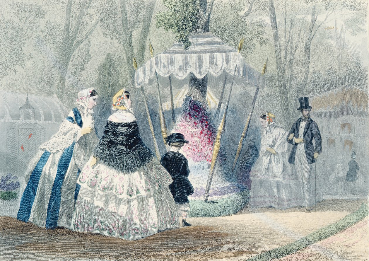 パリで印刷された「Journal les Modes Parisiennes」からの園芸展（カラー彫刻） 作： フランソワ・クラウディウス・コンプ・カリックス