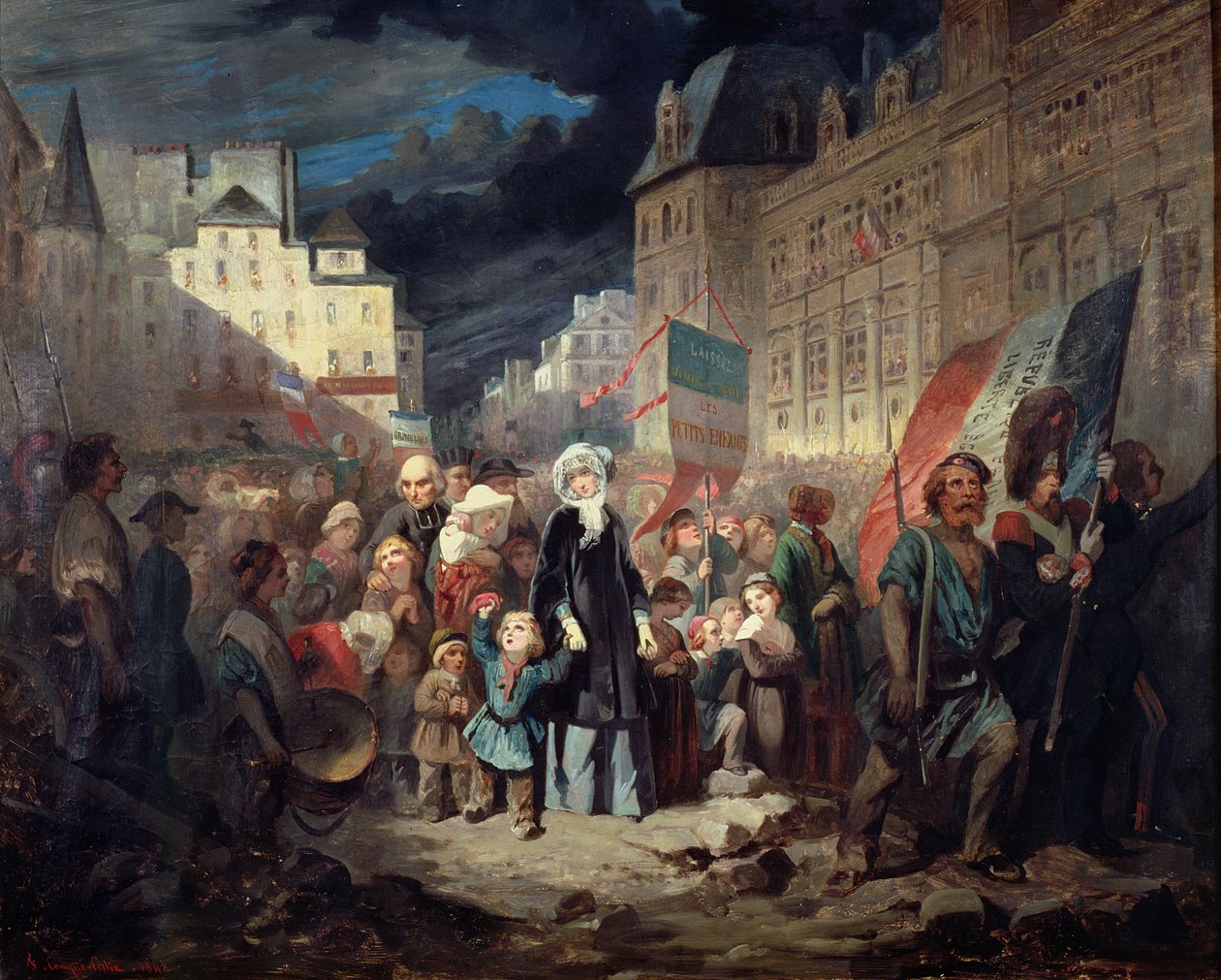1848年、1848年の革命中にパリのバリケードで殺された愛国者の子供たちを養子とするマダムラマルティーヌ 作： フランソワ・クラウディウス・コンプ・カリックス