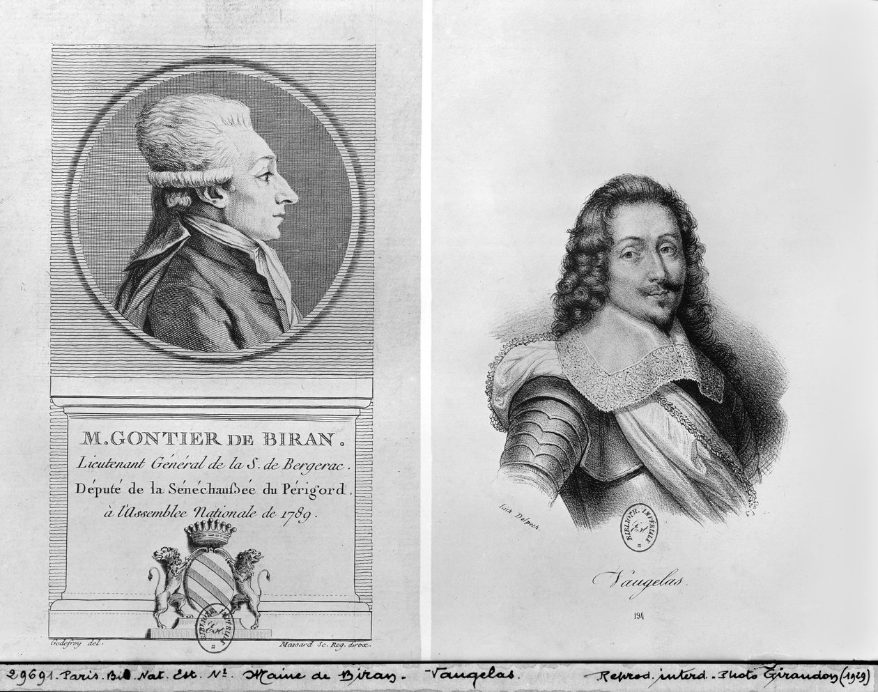 Porträt von Marie Francois Gontier de Biran bekannt als Maine de Biran (1766-1824), Porträt von Claude Favre de Vaugelas (1585-1650) graviert von Francois Seraphin Delpech (1778-1825) und Massard (19. Jh.) von Adrien Pierre Francois Godefroy