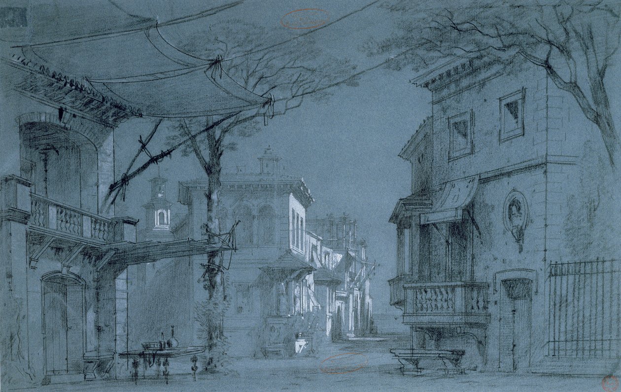 Les Caprices de Marianneのセットのデザイン（Alfred de Musset（1810-1857）による（青紙にペン、インク、クレヨン）） 作： フランソワ・J・アンド・ルーベ、オーギュスト・A・ノラウ