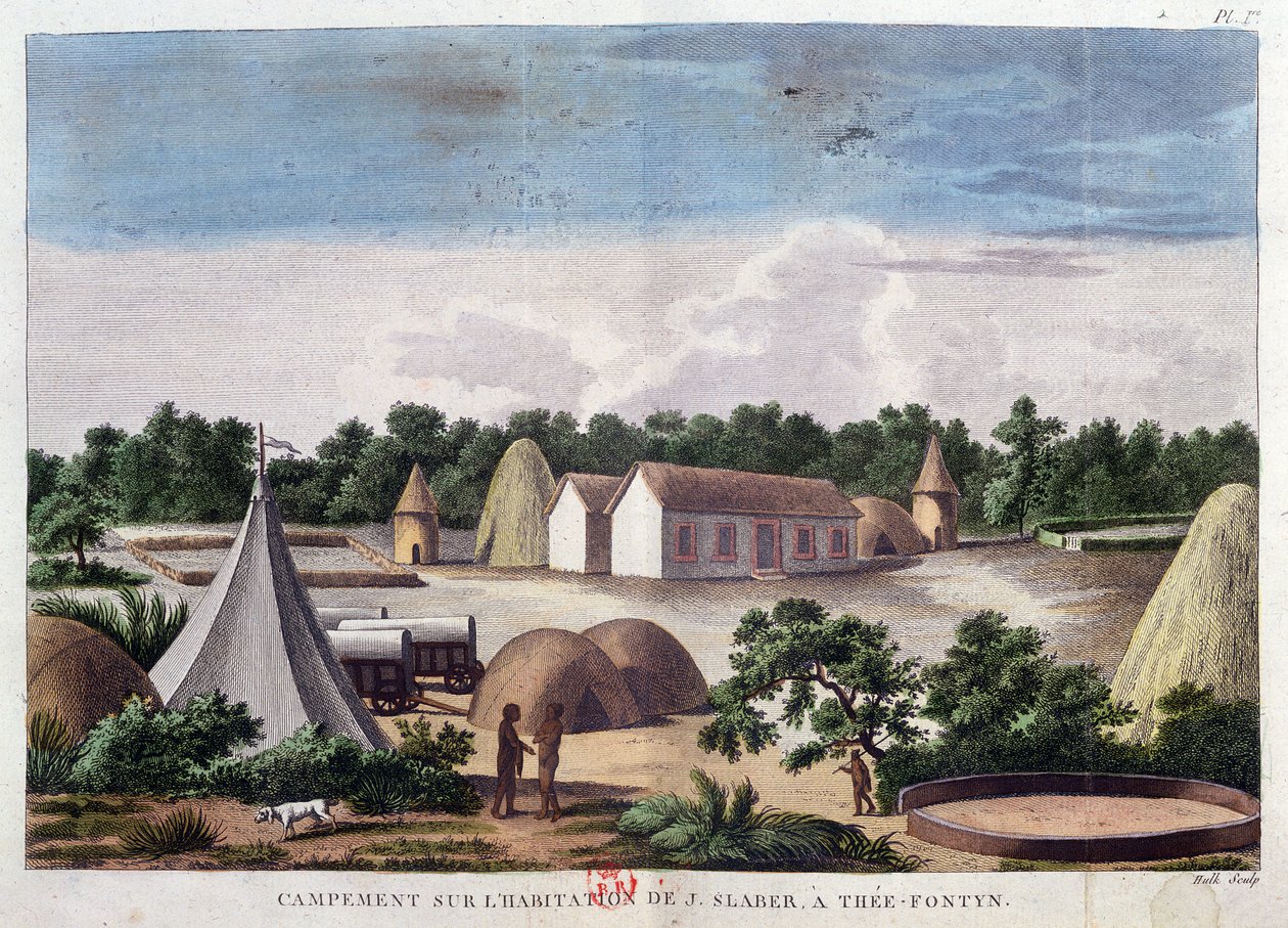 1790年に出版されたハルクによって刻まれた「ケープオブグッドホープによるアフリカの内陸のM.ルヴァイヨンの航海、1780-85年」から、Thee-FontynのJ. Slaberの土地の野営地（色付き 作： フランソワ・ル・ヴァイヨン