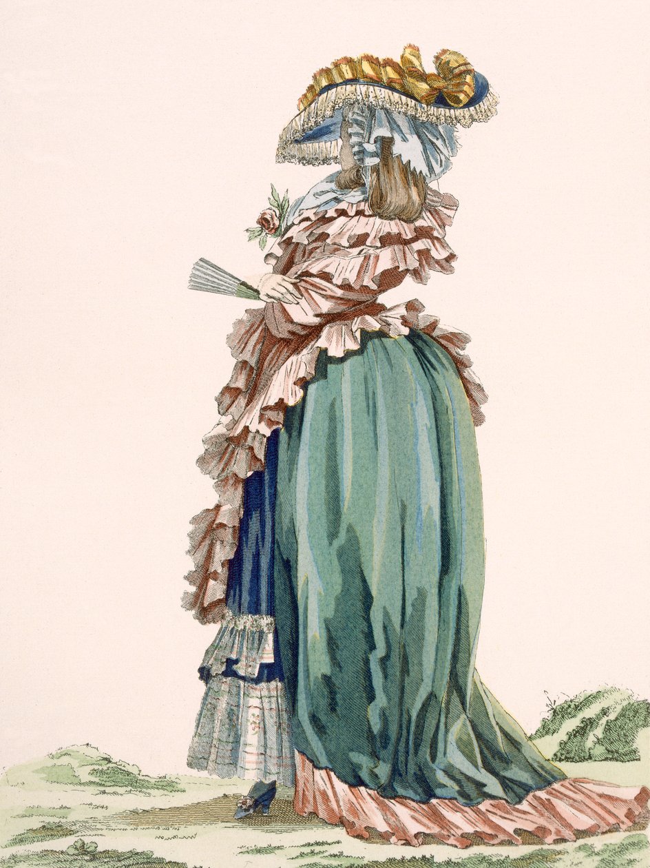 デュパンが刻印した婦人服の背面図、「Galeries des Modes et Costumes Francais」c.1778-87 99：clothing;伝統的なドレス;伝統的な衣装;ファッション; 作： フランソワ・ルイ・ジョセフ・ワトー