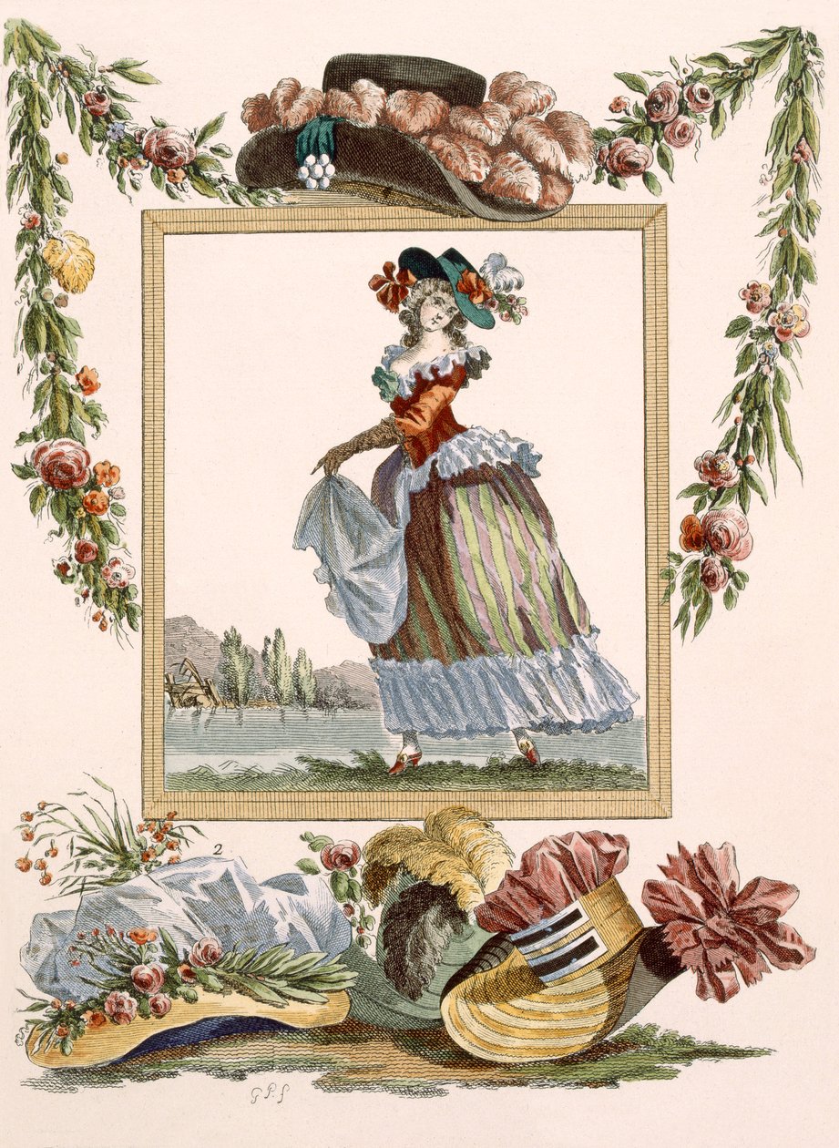 デュパンの彫刻が施されたピエロのカラコに帽子をかぶったダンサー、「Galeries des Modes et Costumes Francais」c.1778-87のプレートno.241 作： フランソワ・ルイ・ジョセフ・ワトー