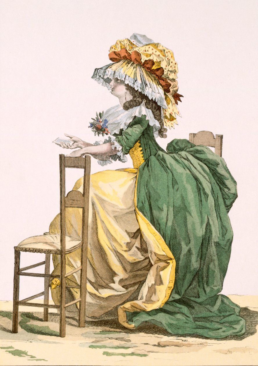 Bacquoyによって刻まれた女性の手の込んだガウン、「Galeries des Modes et Costumes Francais」、c.1778-87 99：衣類。伝統的なドレス;伝統的な衣装;ファッション;イラスト 作： フランソワ・ルイ・ジョセフ・ワトー