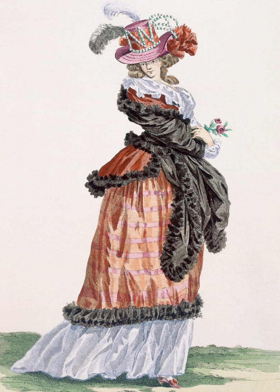 シャンゼリゼの空気を楽しむ女性、パパンの彫刻、「Galeries des Modes」、1780年のイラスト 作： フランソワ・ルイ・ジョセフ・ワトー