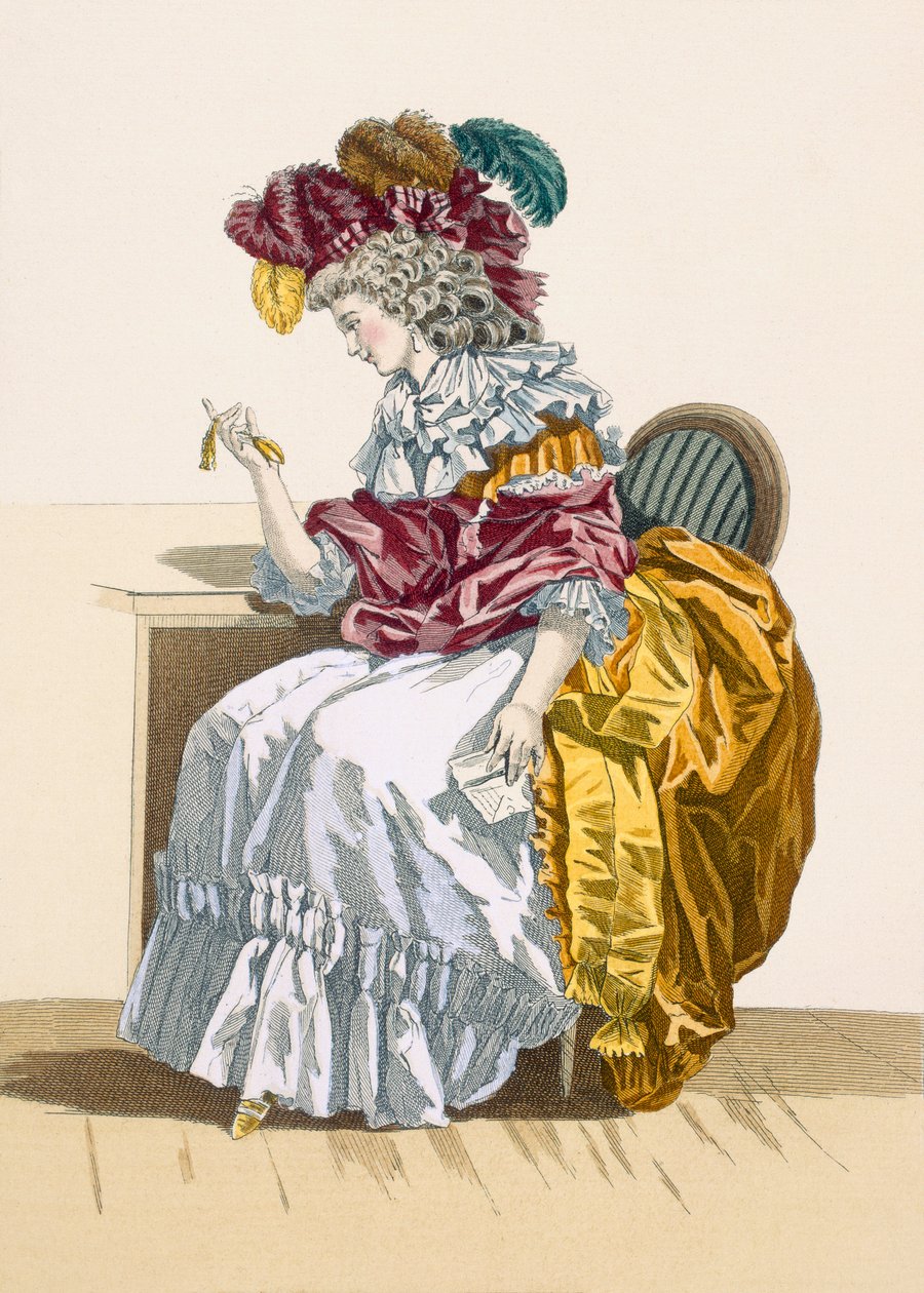 デュピンが刻印した友人を待っている座っている女性、「Galeries des Modes et Costumes Francais」c.1778-87からのプレートno.191 作： フランソワ・ルイ・ジョセフ・ワトー