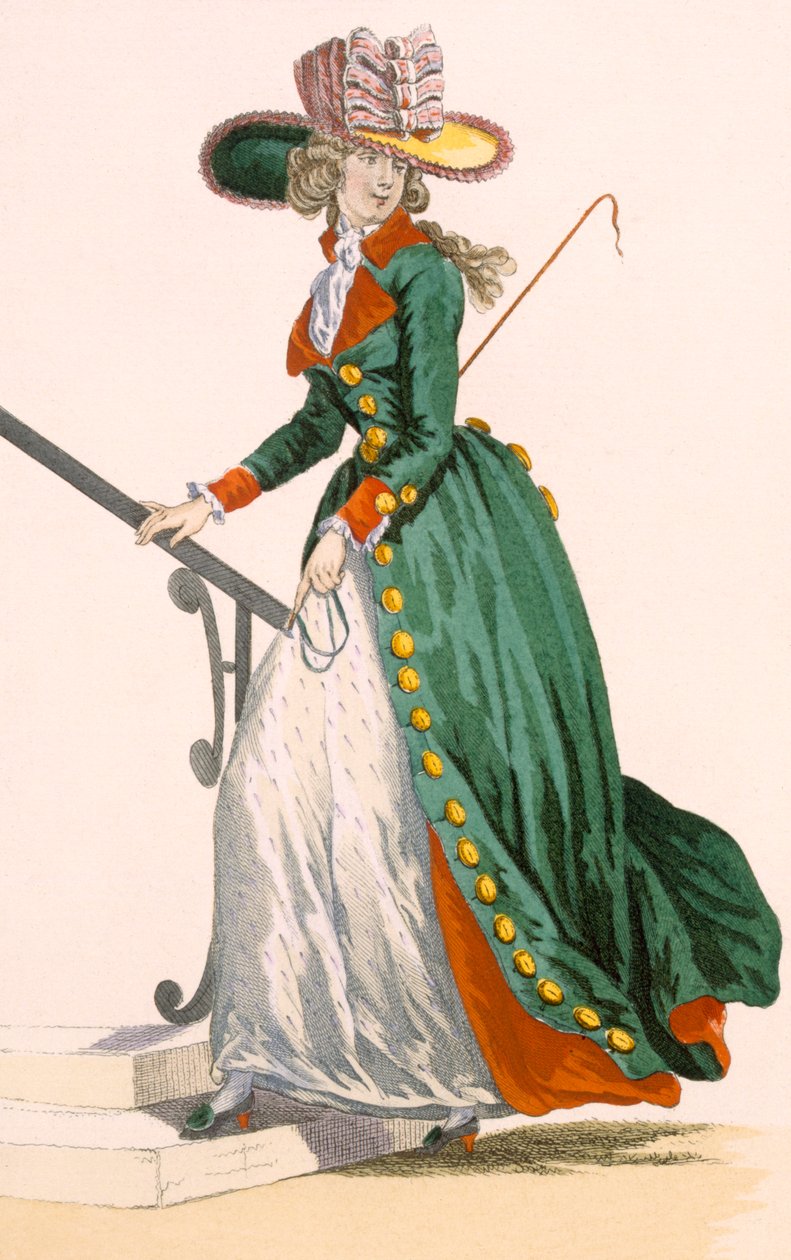 ルボーの彫刻が施されたドイツ風の乗馬服を着た女性、「Galeries des Modes et Costumes Francais」c.1778-87のプレートNo.250 作： フランソワ・ルイ・ジョセフ・ワトー