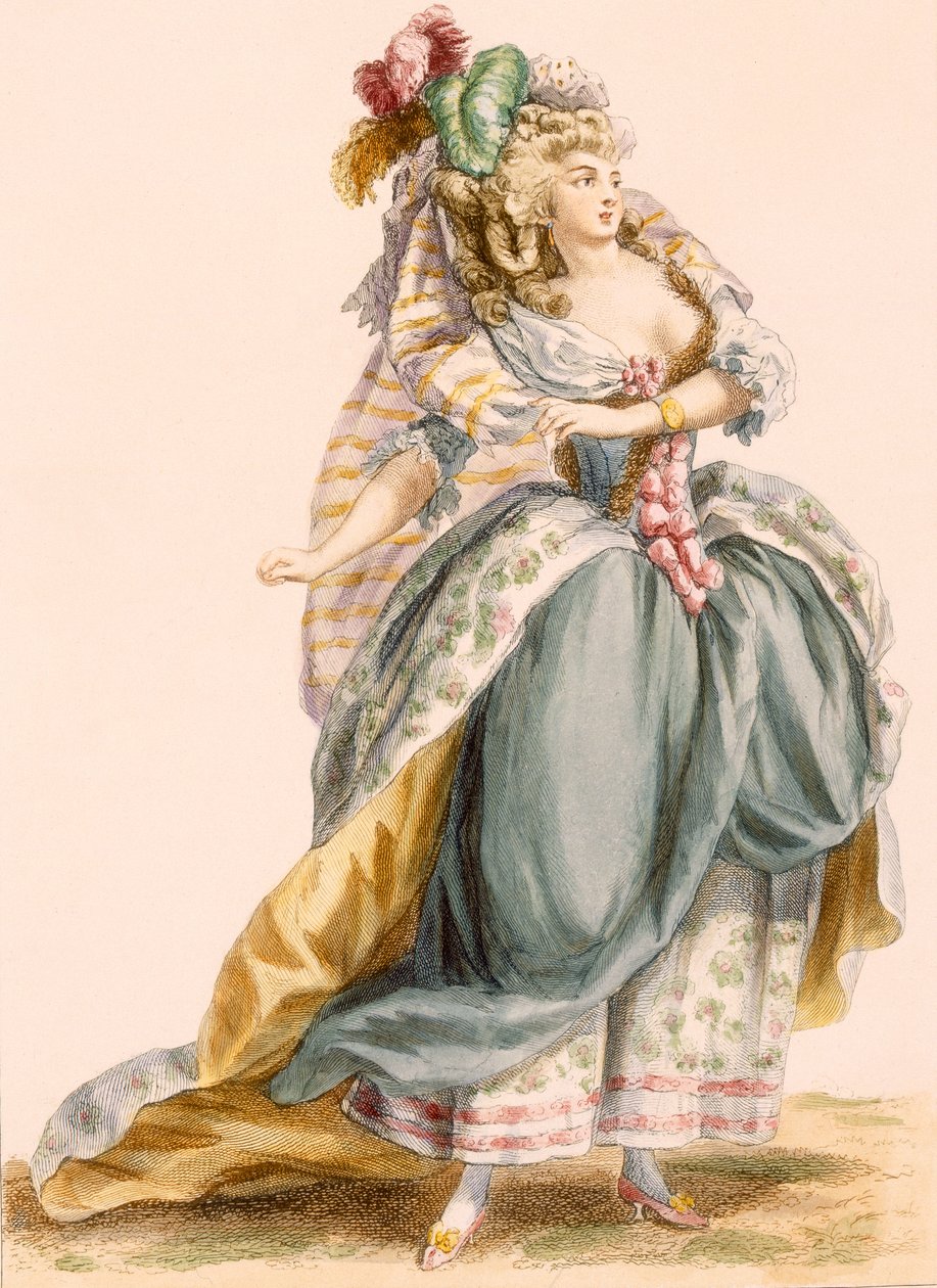 「Galeries des Modes et Costumes Francais」、c.1778-87からBacquoyによって彫刻されたオペラ「La Trevesti」に基づくレディースコスチューム 作： フランソワ・ルイ・ジョセフ・ワトー