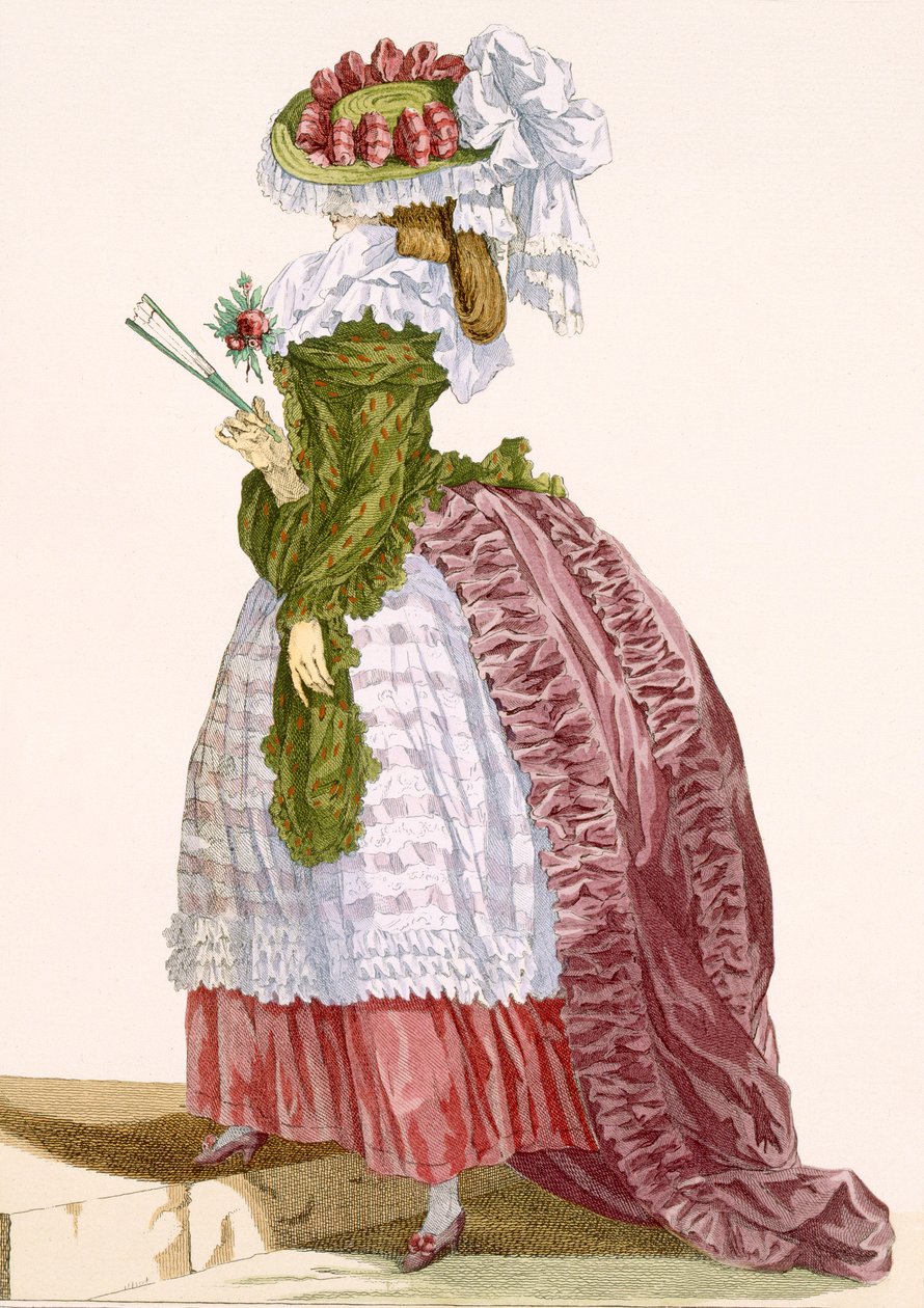 デュパンが刻印した、ブルゴーニュとグリーンの女性用の凝ったガウン。「Galeries des Modes et Costumes Francais」c.1778-87からプレートno.200 作： フランソワ・ルイ・ジョセフ・ワトー