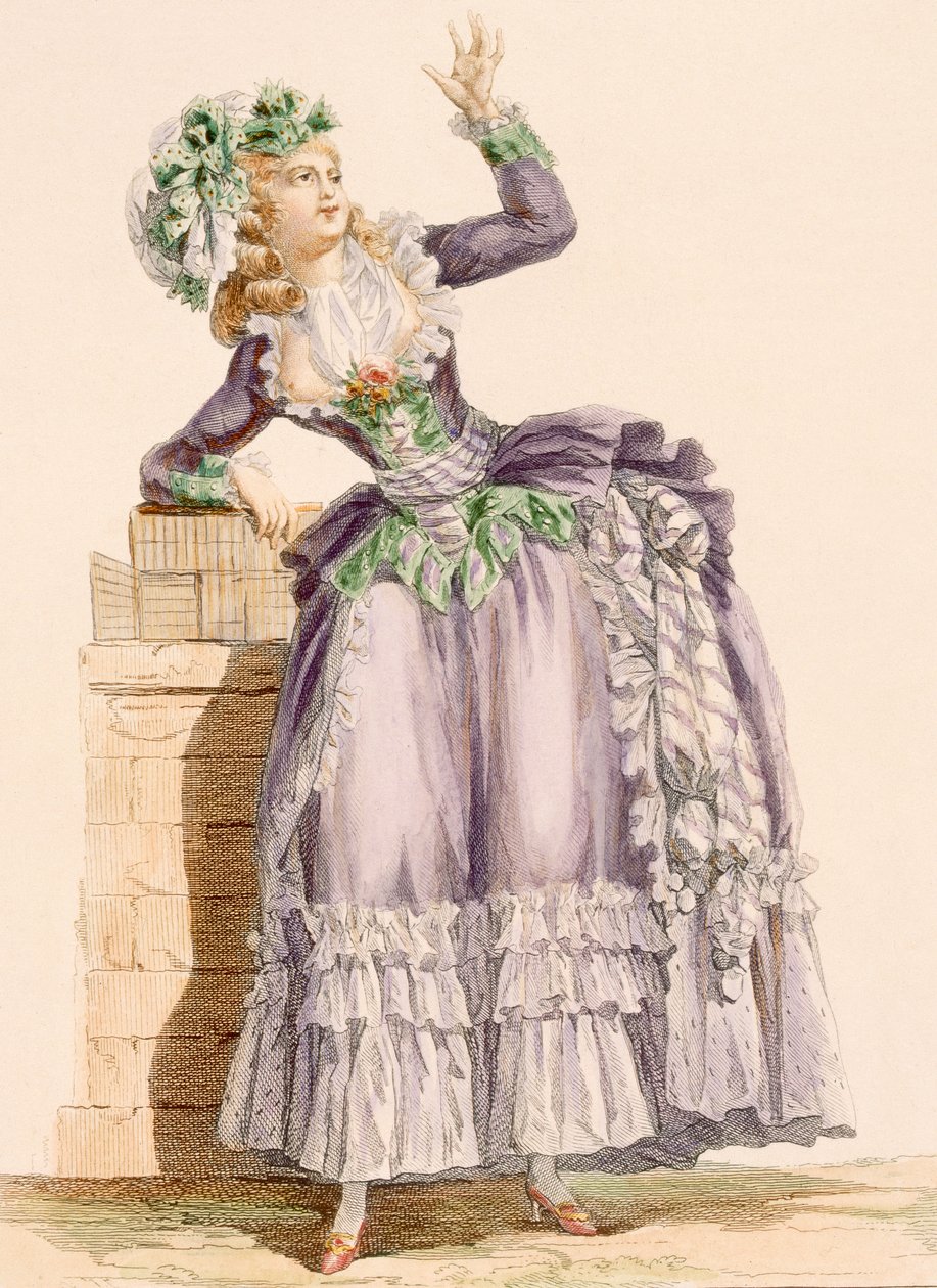 「Galeries des Modes et Costumes Francais」c.1778-87のデュパンが刻印した、藤色とグリーンのタフタを合わせたボンネット付きのレディースガウン 作： フランソワ・ルイ・ジョセフ・ワトー