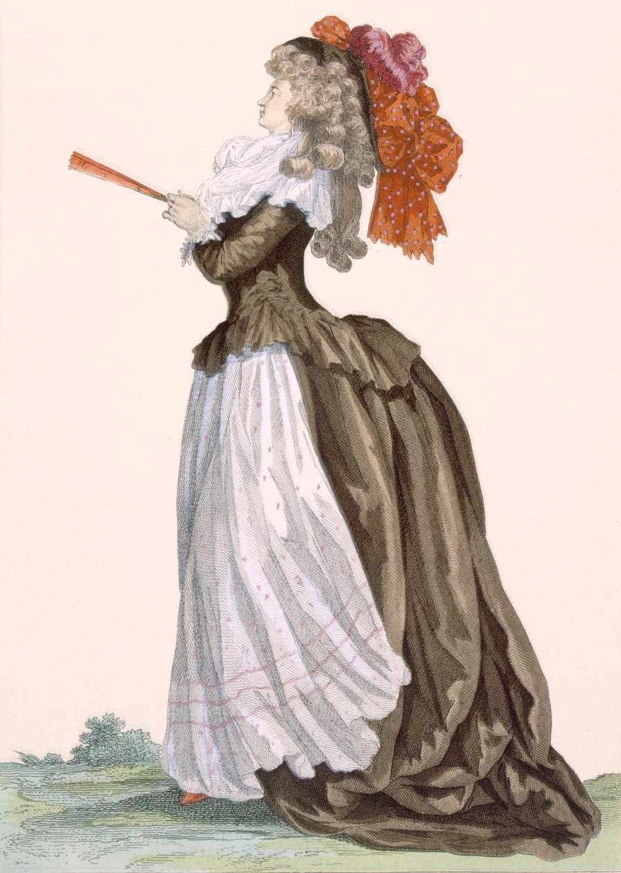デュパンの彫刻が施されたレディの遊歩道ドレス、「Galeries des Modes et Costumes Francais」c.1778-87 99：clothing;伝統的なドレス;伝統的な衣装;ファッション;病気 作： フランソワ・ルイ・ジョセフ・ワトー