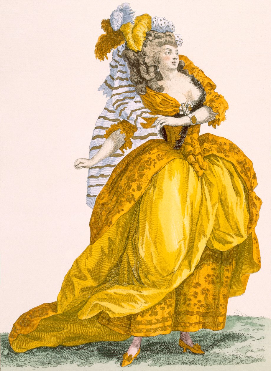 Bacquoyによって彫刻された精巧なドレスとヘッドピースを着た女性、「Galeries des Modes et Costumes Francais」c.1778-87 99：衣類。伝統的なドレス;伝統 作： フランソワ・ルイ・ジョセフ・ワトー