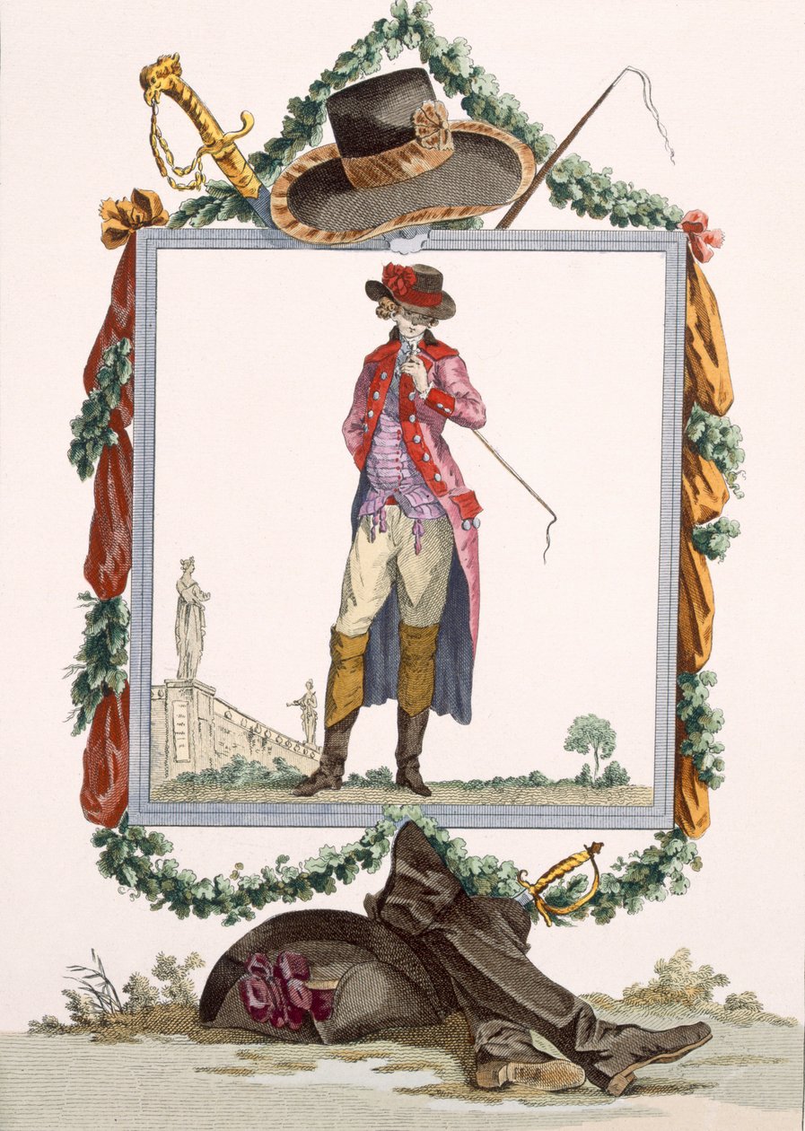 デュアメルの彫刻が施された、パレロワイヤルの優雅な若い廷臣、「Galeries des Modes et Costumes Francais」c.1778-87のプレート番号233 作： フランソワ・ルイ・ジョセフ・ワトー