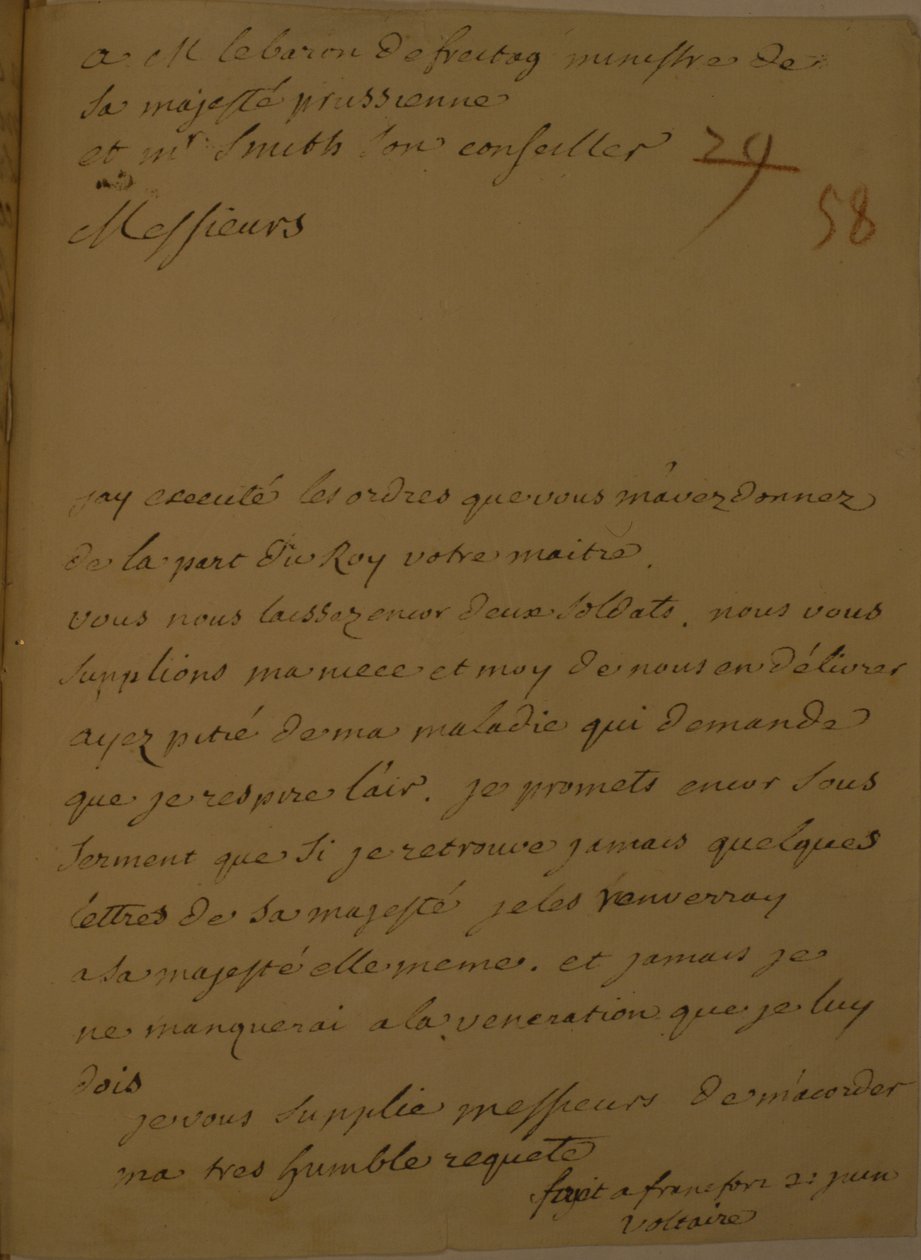 1753年6月31日、刑務所から釈放される請願 作： フランソワ・マリー・アロエ・ヴォルテール