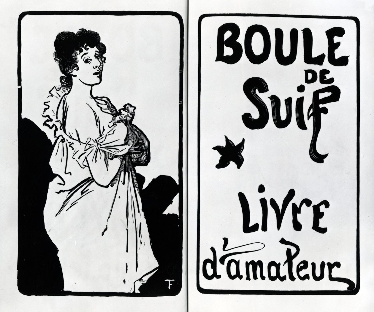 A. Romagnolによって作られた木版画、Guy de Maupassantによる &39;Boule de Suif&39;のフロントピースとタイトルページは1897年に出版されました 作： フランソワ・テヴェノ
