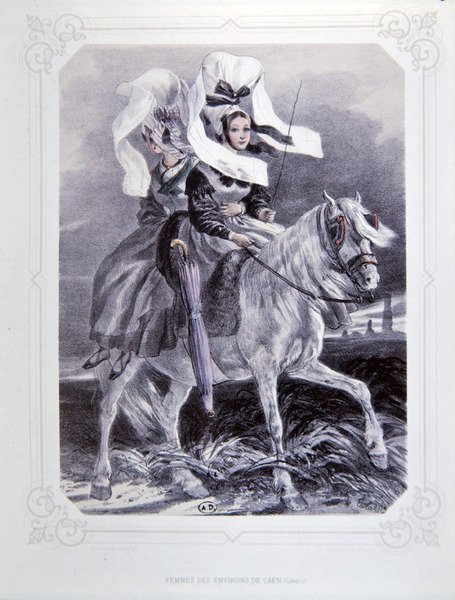 ノルマンディーのカーン地方の女性たち（1852年にナントで出版されたシャルパンティエの版画「La Normandie Illustree」より）（カラーリトグラフ 作： フランソワ・ヒッポリテ（後）ラライセ