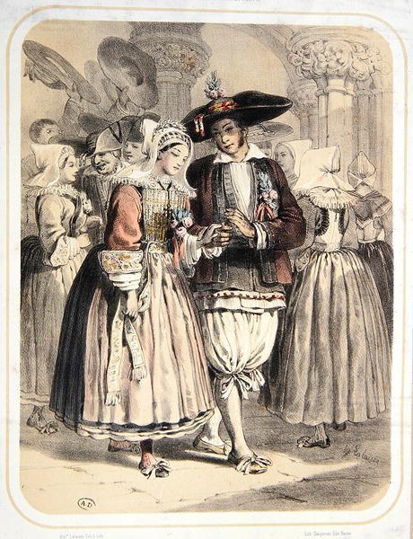 フランス・セーユ地方の新郎新婦 1850年頃（カラーリトグラフ） 作： フランソワ・ヒポリット・ラライス